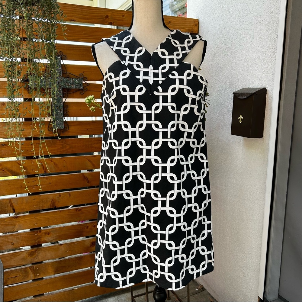 Kohala Plantation Black White Chain Link Geometric Pattern Dress Pockets Sz M